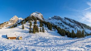 Preview wallpaper mountains, snow, house, trees, landscape, nature