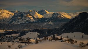 Preview wallpaper mountains, snow, houses, winter, nature