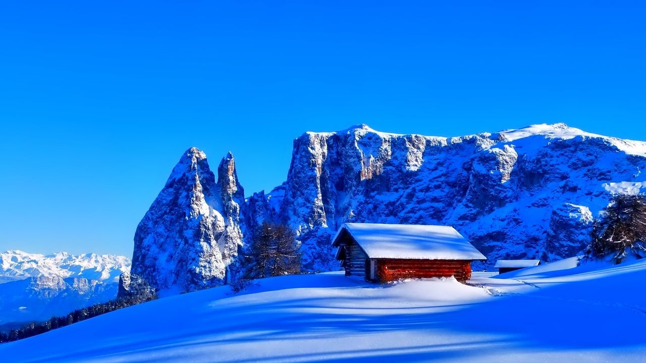 Wallpaper mountains, snow, hut, top, winter