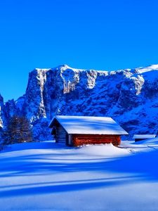 Preview wallpaper mountains, snow, hut, top, winter