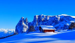 Preview wallpaper mountains, snow, hut, top, winter