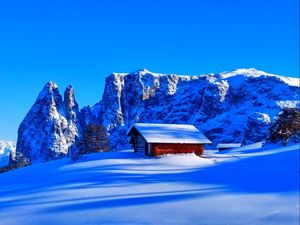 Preview wallpaper mountains, snow, hut, top, winter