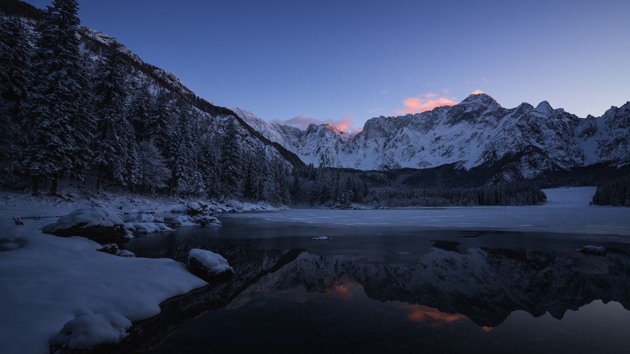 Wallpaper mountains, snow, lake, water