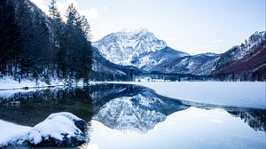 Preview wallpaper mountains, snow, lake, reflection