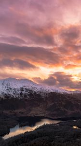 Preview wallpaper mountains, snow, lake, clouds, landscape, aerial view, twilight