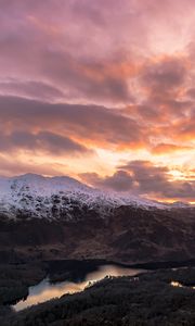 Preview wallpaper mountains, snow, lake, clouds, landscape, aerial view, twilight