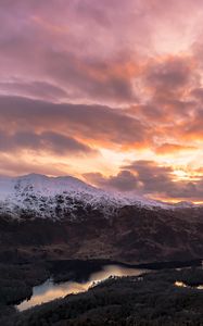 Preview wallpaper mountains, snow, lake, clouds, landscape, aerial view, twilight