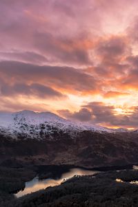 Preview wallpaper mountains, snow, lake, clouds, landscape, aerial view, twilight