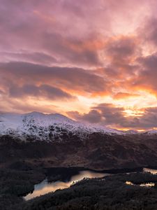 Preview wallpaper mountains, snow, lake, clouds, landscape, aerial view, twilight