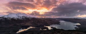 Preview wallpaper mountains, snow, lake, clouds, landscape, aerial view, twilight