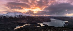 Preview wallpaper mountains, snow, lake, clouds, landscape, aerial view, twilight