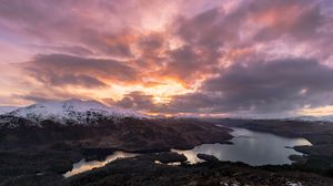 Preview wallpaper mountains, snow, lake, clouds, landscape, aerial view, twilight