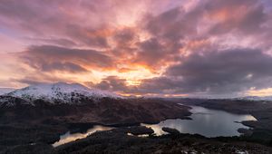 Preview wallpaper mountains, snow, lake, clouds, landscape, aerial view, twilight