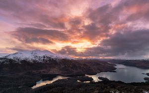 Preview wallpaper mountains, snow, lake, clouds, landscape, aerial view, twilight