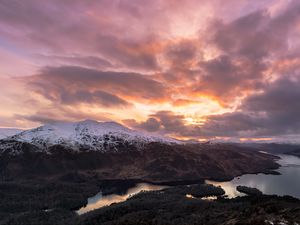 Preview wallpaper mountains, snow, lake, clouds, landscape, aerial view, twilight