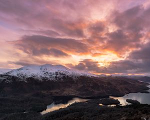 Preview wallpaper mountains, snow, lake, clouds, landscape, aerial view, twilight