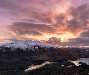 Preview wallpaper mountains, snow, lake, clouds, landscape, aerial view, twilight