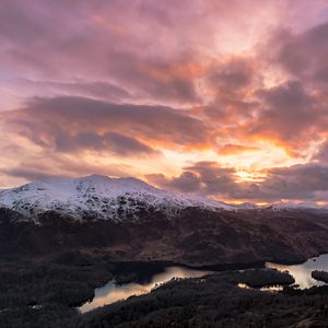 Preview wallpaper mountains, snow, lake, clouds, landscape, aerial view, twilight