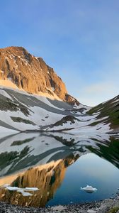 Preview wallpaper mountains, snow, lake, reflection, landscape, nature