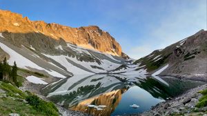 Preview wallpaper mountains, snow, lake, reflection, landscape, nature