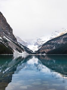 Preview wallpaper mountains, snow, lake, reflection, nature, landscape