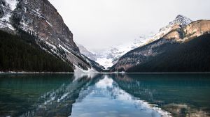 Preview wallpaper mountains, snow, lake, reflection, nature, landscape