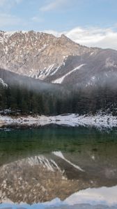 Preview wallpaper mountains, snow, lake, reflection, trees