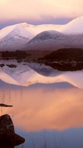 Preview wallpaper mountains, snow, lake, reflection, mirror, evening