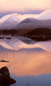 Preview wallpaper mountains, snow, lake, reflection, mirror, evening