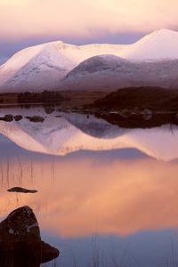 Preview wallpaper mountains, snow, lake, reflection, mirror, evening