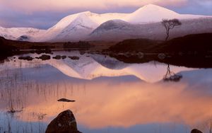 Preview wallpaper mountains, snow, lake, reflection, mirror, evening