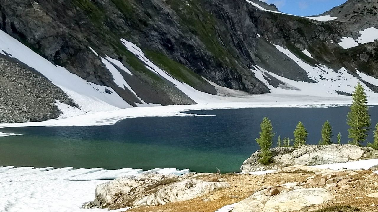 Wallpaper mountains, snow, lake, shore, nature
