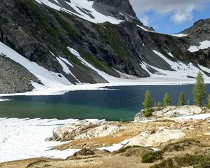Preview wallpaper mountains, snow, lake, shore, nature