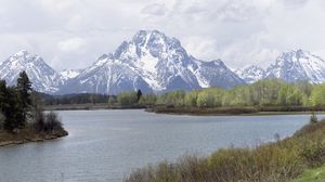 Preview wallpaper mountains, snow, lake, landscape, trees