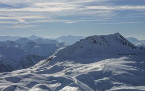 Preview wallpaper mountains, snow, landscape, sun, paths, ski