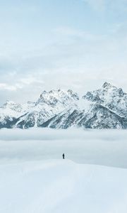 Preview wallpaper mountains, snow, man, silhouette, alone