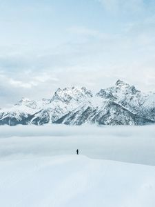 Preview wallpaper mountains, snow, man, silhouette, alone