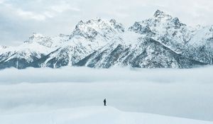 Preview wallpaper mountains, snow, man, silhouette, alone