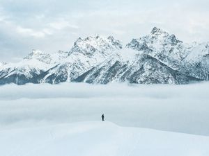 Preview wallpaper mountains, snow, man, silhouette, alone