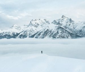 Preview wallpaper mountains, snow, man, silhouette, alone