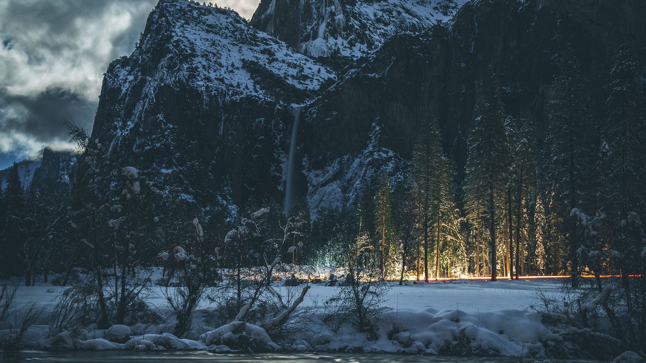 Wallpaper mountains, snow, night, trees, night landscape