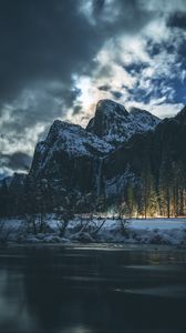 Preview wallpaper mountains, snow, night, trees, night landscape