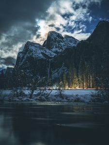 Preview wallpaper mountains, snow, night, trees, night landscape