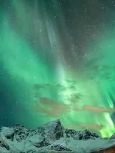 Preview wallpaper mountains, snow, northern lights, night, winter