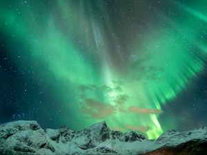 Preview wallpaper mountains, snow, northern lights, night, winter