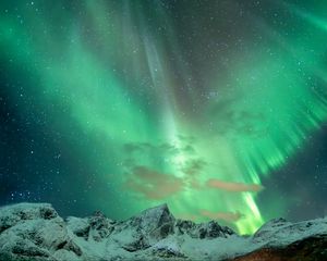 Preview wallpaper mountains, snow, northern lights, night, winter