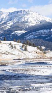 Preview wallpaper mountains, snow, peak, landscape, nature, valley