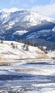 Preview wallpaper mountains, snow, peak, landscape, nature, valley