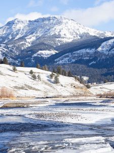 Preview wallpaper mountains, snow, peak, landscape, nature, valley