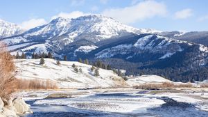 Preview wallpaper mountains, snow, peak, landscape, nature, valley